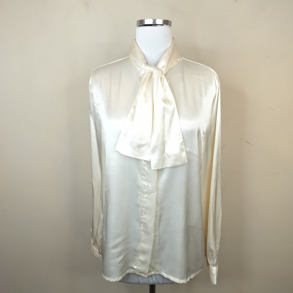 Vintage Satin Blouse Made in Japan Size 16 Bow Tie Neck Long Sleeve Ivory